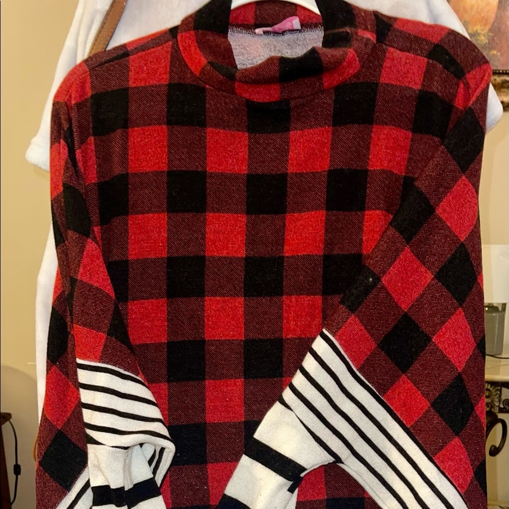 Pink Lily Poncho style sweater with sleeves - Buffalo Plaid